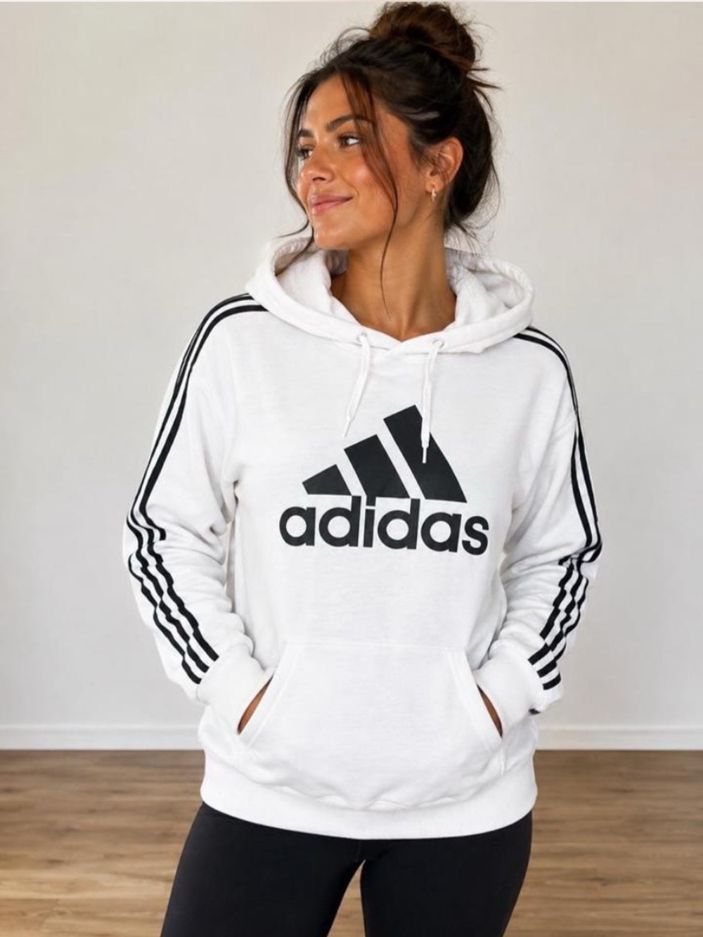 adidas White Hoodie with Black Logo & Sleeve Stripes